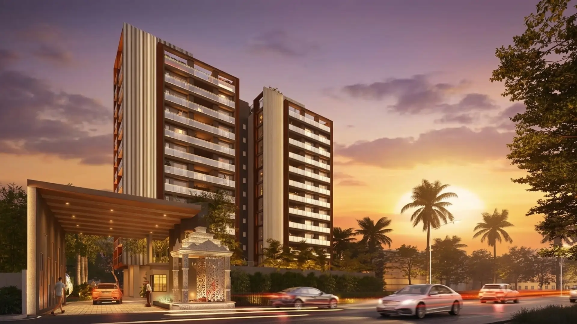 Sunrise architectural elevation of Signum Niva showcasing illuminated residential towers